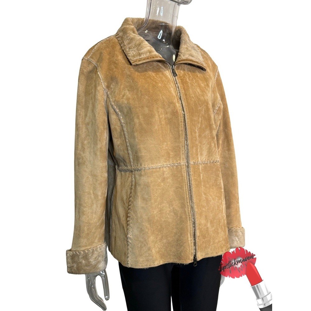 Guess Suede Leather Jacket Womens XL Tan Zip Up